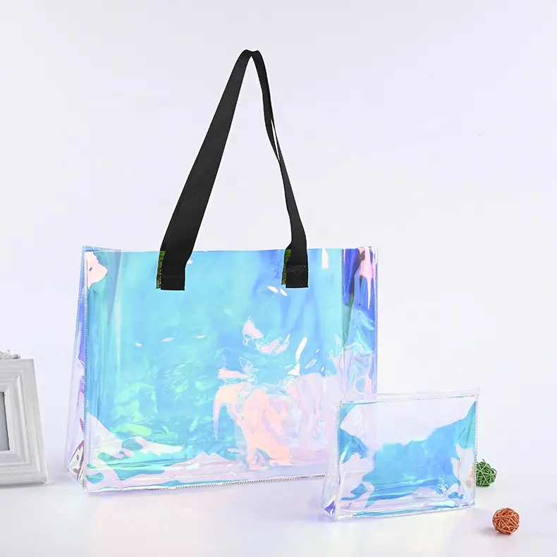 Su ordinazione di modo di grandi dimensioni di plastica colorata trasparente pvc sacchetto di tote shopping bag borsa da spiaggia con logo e dire alcune parole