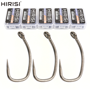 50 pièces par boîte <span class=keywords><strong>Hirisi</strong></span> Hameçons de pêche à la carpe sans ardillon en acier à haute teneur en carbone, tige courbée, accessoires pour la pêche à la carpe 8030 - Product Image 1