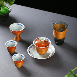 Bamboo Weaving Porcelain Tea Set With Cover Bowl Fairness Cup <b>Teacups</b> Traditional Chinese Style Gift Set One Pot Four Cups - Product Image 2