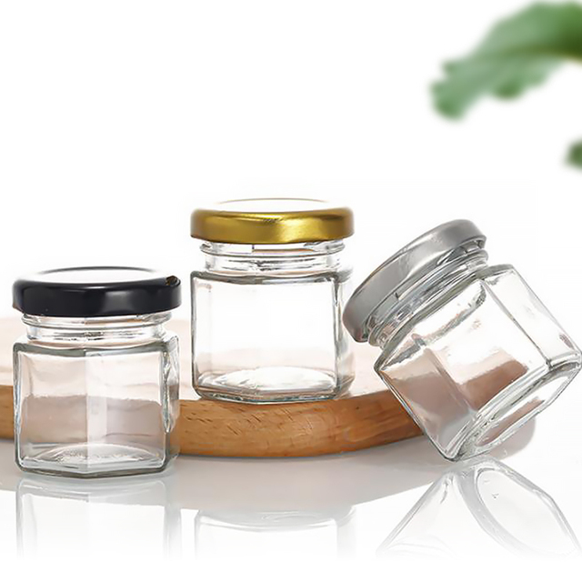clear Empty Round Hexagon Mini Wide Mouth 1oz 35ml 45ml Honey Bird Nest Glass Storage Jam Jar with Metal Lid