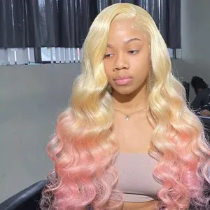 Perruque Highlight personnalisée100 % vierge brute non transformée 13*4 HD Lace Front Color 613 Honey Blonde avec perruque rose <span class=keywords><strong>clair</strong></span> pour femmes - Product Image 1
