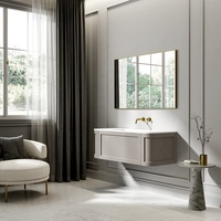 Meuble-lavabo de salle de bain en MDF courbé de style français avec miroir rétroéclairé par LED, quincaillerie en cuivre doré, lavabo en céramique intégré, salle de bain de luxe