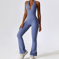 Sans manches bas col en V Push up rembourré haut à licou côté fendu pantalon évasé une pièce Yoga combinaison femmes automne danse body 202