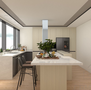 Ensemble de meubles de cuisine modernes et minimalistes avec îlot, finition gris mat, plan de travail en quartz blanc, design sans poignées - Product Image 5