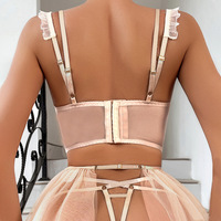 Ensemble de lingerie brodée de diamants, sexy, avec soutien-gorge corset à double bretelles et laçage, tutu en maille, jarretière à chaîne métallique à la taille et culotte
