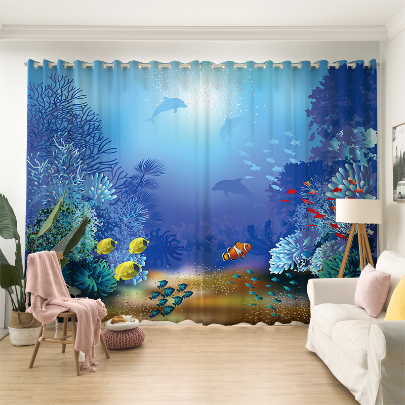 Top Selling Custom 3D Printing Cartoon Christmas window curtain With metal eyelets