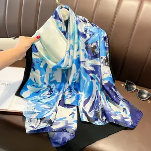 奢华设计师品牌印花真丝围巾Foulard长头巾围巾披肩包裹夏季蓝色女式真丝围巾