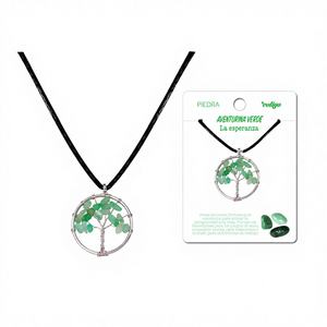 Ciondolo Cotigo Albero della Vita in Avventurina Verde, Gioiello Religioso Placcato Personalizzabile con Motivo a Goccia d'Acqua, Pietre Principali in Moissanite - Product Image 1