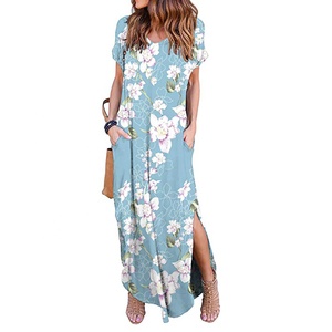 Wholesale Hot Sale Summer Floral Maxi <strong>Dress</strong> Short Sleeve Deep V-neck Casual <strong>Long</strong> <strong>Sunflower</strong> Boho Beach <strong>Dress</strong> With Pocket for Lady - Product Image 5
