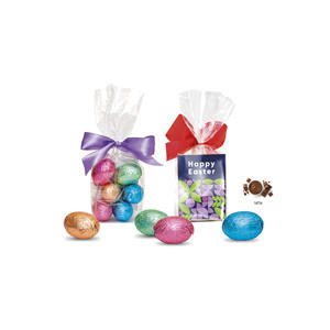 Mini uova di cioccolato di Pasqua in sacchetto con involucro colorato in lamina e nastro, confezione regalo per la festa primaverile - Product Image 1