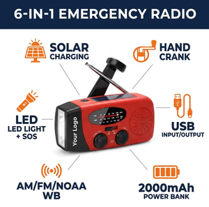 <span class=keywords><strong>Radio</strong></span> d'urgence solaire 6-en-1 avec logo personnalisé, manivelle, certifiée CE FCC RoHS, batterie externe 2000 mAh, lampe torche LED, compatible FBA - Product Image 2