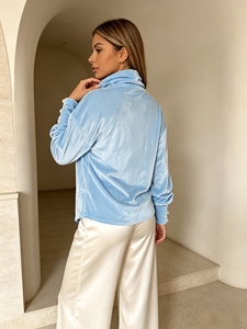 Women High Draped Turtleneck Long Sleeve Pullover Slim Fit Daily Office Dating Street Elegant Casual Light Blue Apparel - Product Image 3