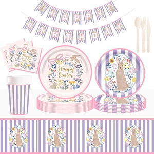 DAMAI Customized Easter Party Decoration Printed Rabbit Pattern Purple Disposable Bunny Easter Egg Party Paper Tableware Set - Product Image 3