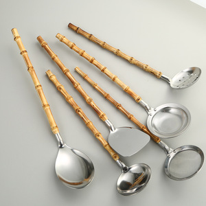 Cross-border Japanese <b>kitchenware</b> 304 stainless steel spatula set with natural bamboo handles, spoon, strainer, oil strainer - Product Image 2