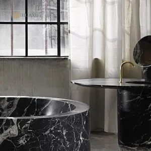 Huaxu gran oferta bañera de piedra Natural ovalada venas blancas bañera de mármol negro Nero Marquina