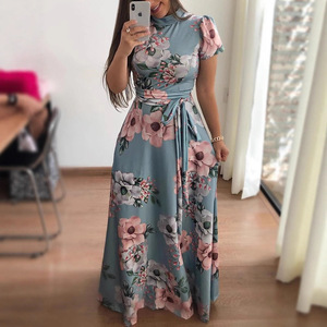 Abiti slim da <span class=keywords><strong>donna</strong></span> Abito casual a maniche lunghe con scollo rotondo e stampa floreale, gonna lunga fino al pavimento, <span class=keywords><strong>abbigliamento</strong></span> da <span class=keywords><strong>donna</strong></span> - Product Image 1