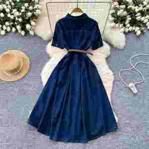 Vestido Midi Tipo Túnica con Cuello Camisero Vintage de Verano para Mujer, Vestido Vaquero Estilo Imperio - Product Image 4