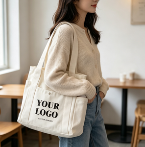 Sac à bandoulière en toile réutilisable décontracté à grande capacité avec logo imprimé personnalisé, sac de plage en coton avec poche extérieure et latérale - Product Image 1