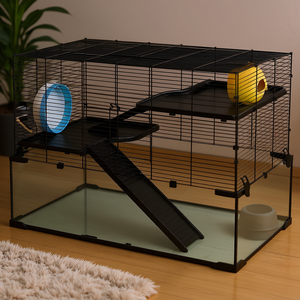 Cage pour gerbilles noirs de 31 pouces avec bassin en verre, rampes, plateformes, cabane, roue d'exercice pour petits hamsters, cage pour animaux de compagnie de qualité supérieure - Product Image 2