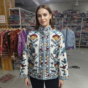Beige Embroidered Velvet Women's Jacket Regular Winter Coat Handmade Woven Cotton Boho Stripe Linen Lining - Product Image 1
