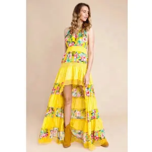 Impressive Designer Bohoemian High Low Sexy Backless Tropical Printed Dress With Embellished Work Halter Neck And Elastic Waist