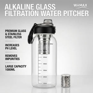 Carafe filtrante à <span class=keywords><strong>eau</strong></span> <span class=keywords><strong>alcaline</strong></span> en verre écologique PH>7.5 avec filtre minéral, sans BPA, sans danger pour la santé des personnes âgées et des enfants - Product Image 1