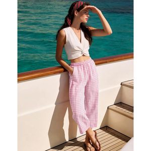 FOXA Pantalon Capri à jambes larges pour femme, en coton, à carreaux, taille élastique, style palazzo, avec poches - Product Image 5