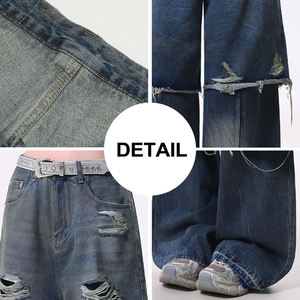 Jeans Baggy da Donna di Alta Qualità con Effetto Vintage, Sbiadito, Distressed, Plissettato, Gamba Larga, Pesante, Patchwork in Denim Lavato - Product Image 6