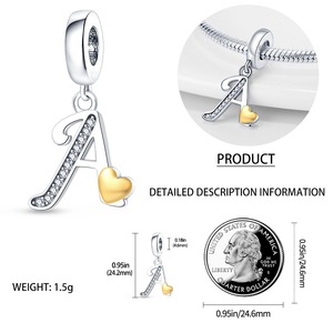 Abalorios de cobre plateado en dos tonos con letras del alfabeto y corazón, con circonitas, compatibles con pulseras europeas - Product Image 3