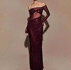 chinese dress ladies Solid Color Velvet Long Sleeve V-Neck Slim Fit Fishtail Maxi Dress, Dark Bule / L main image 0