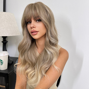Mujeres gris <span class=keywords><strong>Rubio</strong></span> pelo largo y rizado con flequillo conjunto de <span class=keywords><strong>cabello</strong></span> Peluca de onda grande Lacy fibra química alta temperatura conjunto de cabeza de seda peluca - Product Image 4