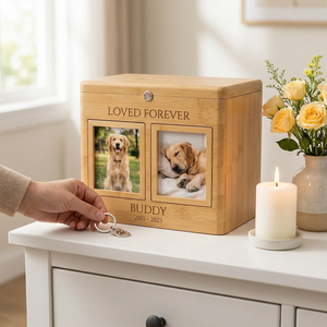 Urne funéraire en bambou verrouillable avec double cadre photo, coffre à souvenirs avec serrure à clé, personnalisable pour chien et chat - Product Image 2