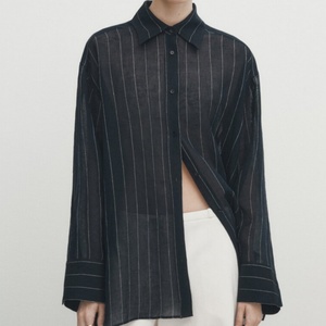 Nueva Llegada OME, Camisa a Rayas Azul Marino 100% Lino, Blusas para Mujer, Camisas de Lino, Blusas Elegantes para Mujer - Product Image 2