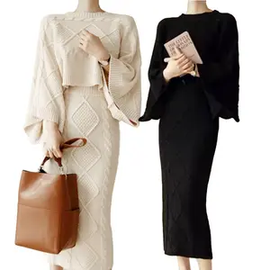 Pull pour femmes avec LOGO personnalisé jupe tricotée costume mode coréenne deux pièces tricots hiver lâche long manteau pull jupe ensembles