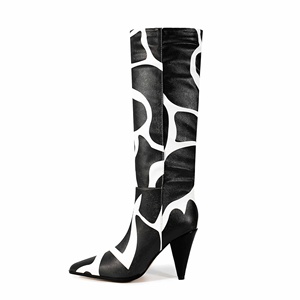 Femmes bout pointu conique talon haut genou bottes hautes sans lacet large mollet Pu mode botte pour l'automne hiver - Product Image 4