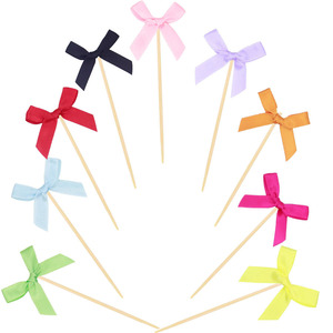 Bow Shaped Cake <b>Toppers</b> Fabric Decorations For <b>Birthday</b> Party Dessert Decor 8 Colors Wooden Stick - Product Image 1