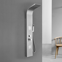 Panneau de douche mural contemporain en acier inoxydable brossé avec jets de pluie, jets doux, jets latéraux et robinet thermostatique à poignée unique
