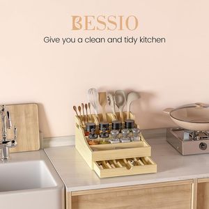 Wooden Kitchen Utensil <b>Rack</b> With Drawer Storage Box For Countertop Organization And Spice Jar Holder - Product Image 2
