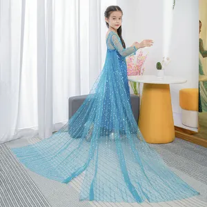 Auf Lager Kinder Halloween Kostüm Mädchen Elsa Cosplay Pailletten Herbst Maxi Langes Kleid Mit Cape BX1715