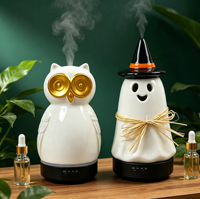 Diffusore di Oli Essenziali a Ultrasuoni a Forma di Gufo in Ceramica da 200ml, Diffusore di Aromi a Nebbia Fredda con Luce Notturna LED