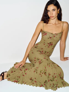 Abito lungo da donna verde oliva con stampa floreale, spalline sottili, pieghettato, vita impero, elegante e casual per la primavera - Product Image 5