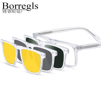 Monture de lunettes transparente en acétate Borregls, haute qualité, carrée, avec clip magnétique, verres polarisés, vision nocturne, lentilles 3D 19348