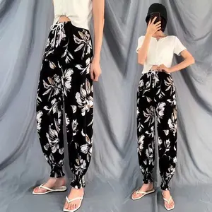 Wholesale new style loose bound leg women's trousers nine-point trousers thin pattern ice silk lantern trousers beach pants