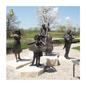 Outdoor Garden Playing Music Bronze Life Size Family Group Statue Sculpture