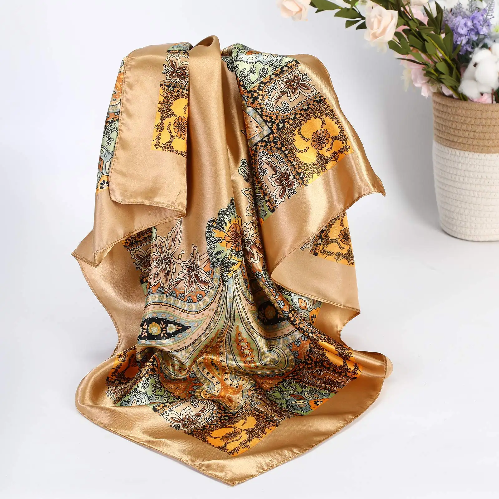 Quanke venta al por mayor 90cm bufandas de seda Bandana mujer 100% bufanda de seda logotipo impreso