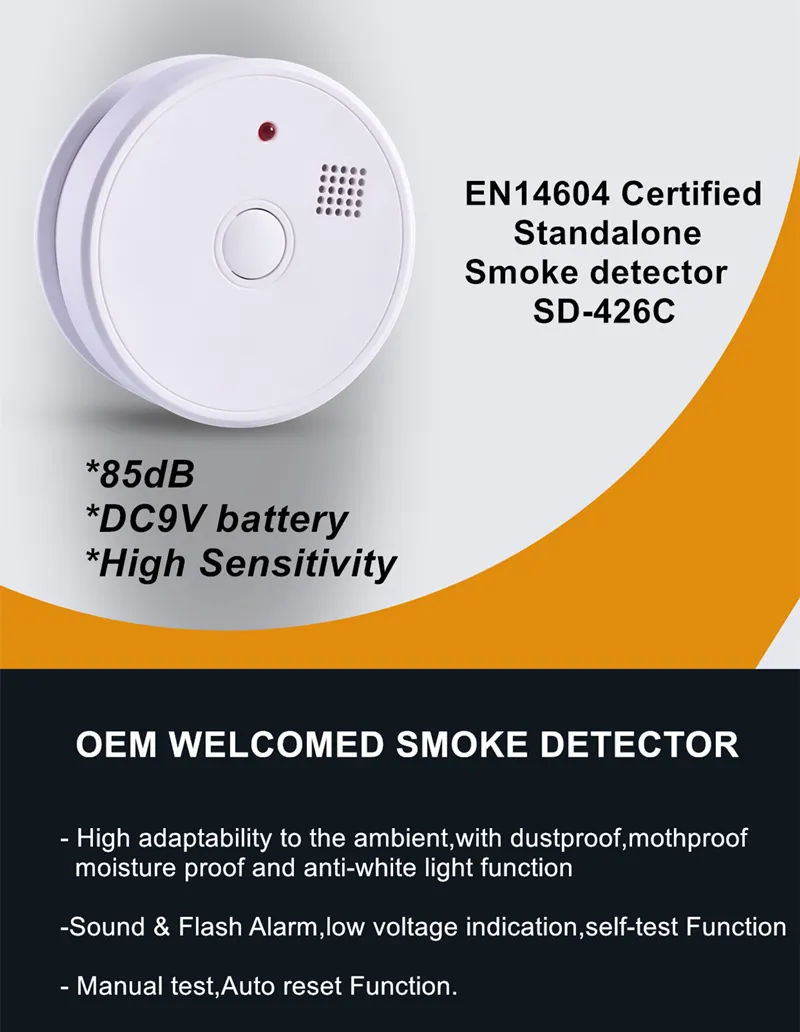 EN14604:2005 Approval Fire alarm stand alone photoelectric smoke detector DC9V