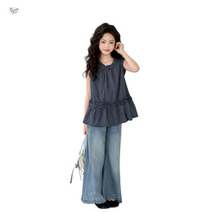 Nouvel ensemble de vêtements d'été pour filles, débardeur sans manches en dentelle à carreaux, pantalon long évasé en jean, <span class=keywords><strong>tenue</strong></span> deux pièces - Product Image 5