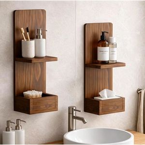 Solid wood <b>floating</b> <b>wall</b>-mounted <b>shelf</b>, double-layer bedside green plant holder, mobile phone plant holder, bathroom scented - Product Image 1