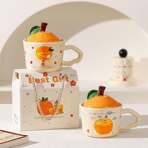 Caneca de Cerâmica com Tampa como Lembrança, Caneca Fofa Laranja para Meninas, Caneca de Cerâmica com Tampa para Beber Água em Casa ou no Escritório - Product Image 3