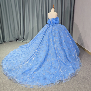 Robe de bal bleue scintillante à épaules dénudées avec corsage perlé, appliques florales en dentelle et traîne en tulle superposé 1230 - Product Image 5